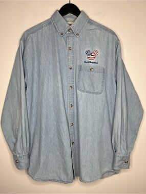 Vintage Walt Disney World Denim Button Up Shirt Embroidered Patriotic Mickey Med